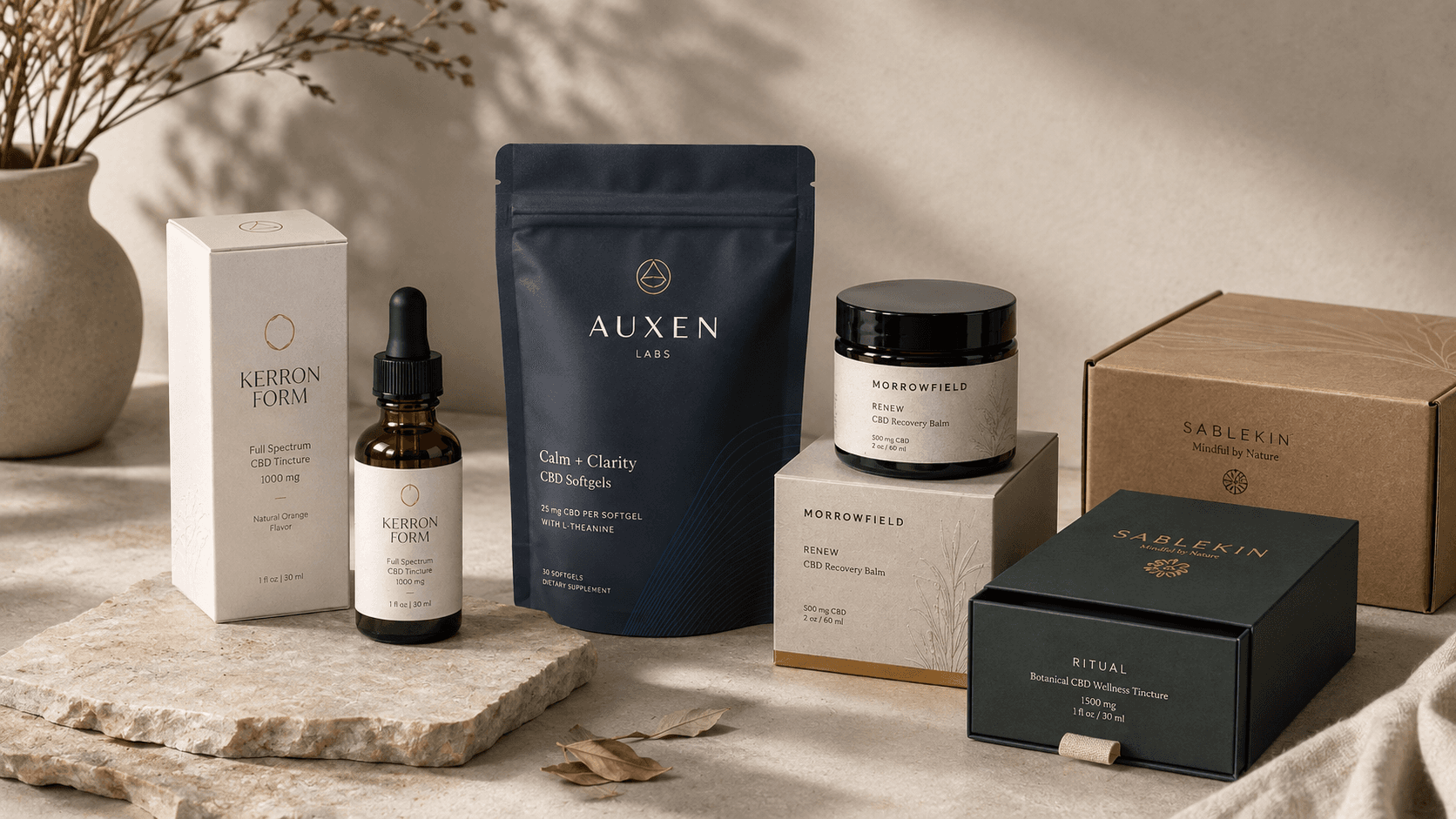 Premium custom CBD packaging with tincture cartons, amber bottles, wellness jars, pouches and branded mailer boxes.