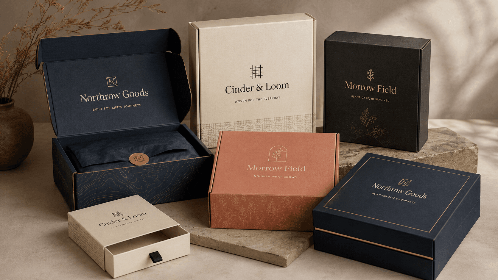 Custom branded retail boxes in several fitted sizes with readable fictional logos and refined gold foil details.