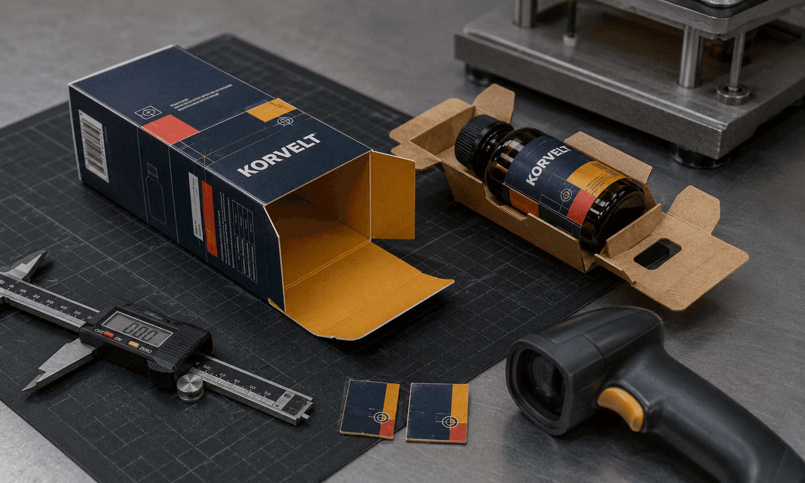 Packaging test bench with a printed carton, caliper, barcode scanner and product-fit components ready for inspection.