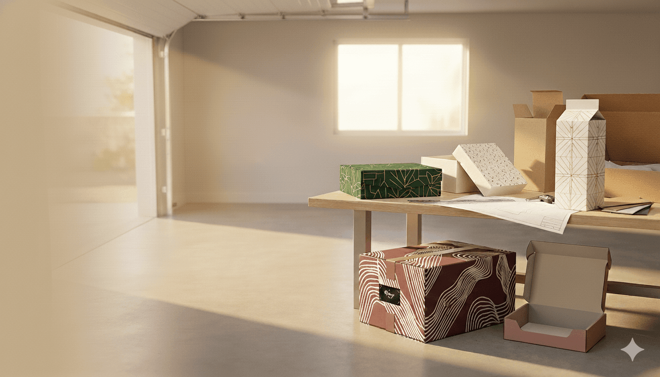 Stack of premium custom boxes in varying styles on a cream backdrop