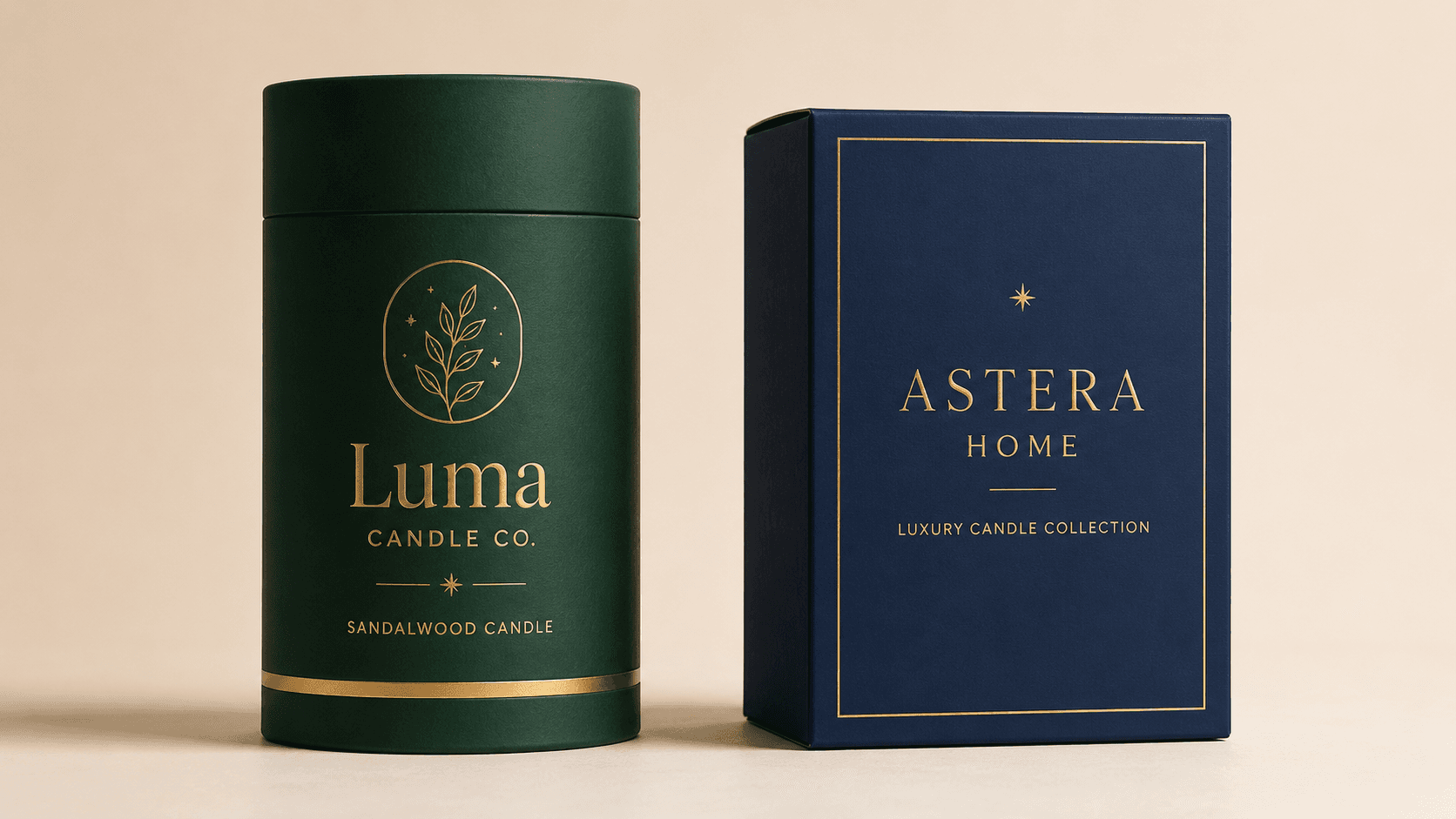 Bold studio image showing a premium branded tube beside a structured box package, highlighting shape, color and shelf-ready presentation.