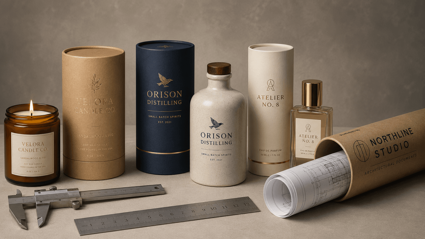 Cardboard tube packaging in different sizes beside candles, bottles and rolled artwork