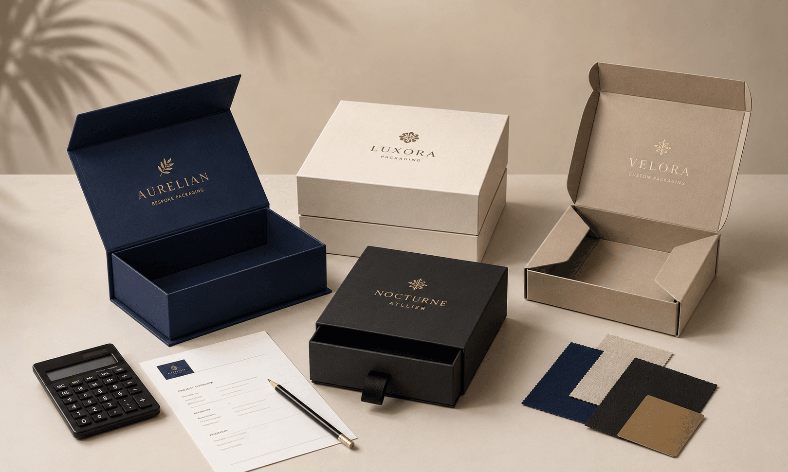 Custom rigid boxes with quote sheet and calculator showing packaging cost planning