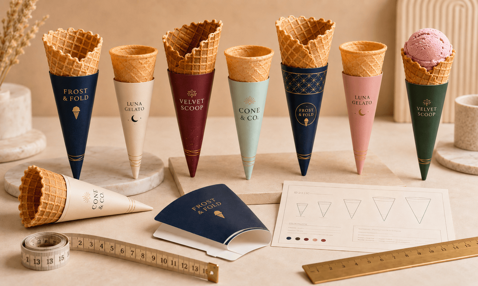 Tapered custom cone sleeves on sugar cones and waffle cones for sleeve sizing