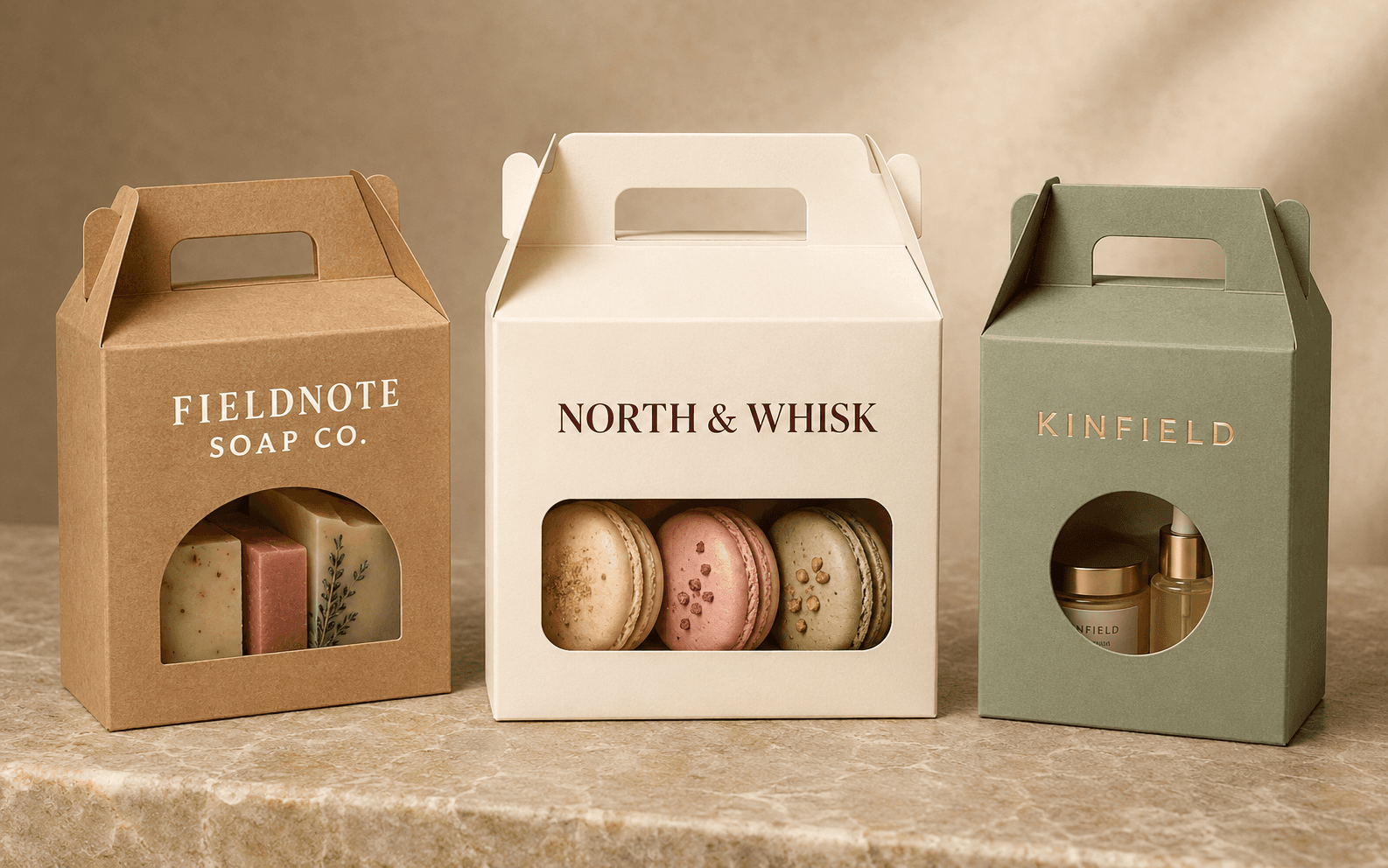 Premium custom gable boxes with window cutouts displaying bakery, gift and cosmetic products