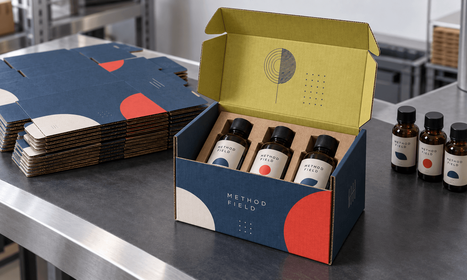 Scalable wellness mailer with integrated insert and flat-packed units staged for high-volume fulfillment