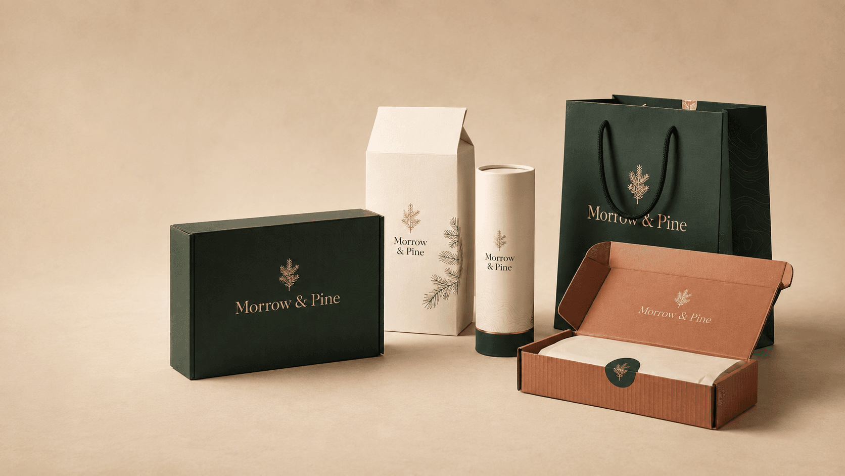 Premium branded product packaging arranged for a founder preparing to launch a new product-based business.