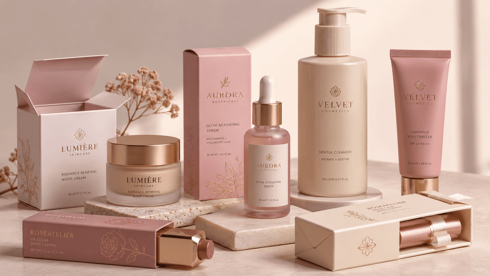 Premium beauty product packaging with serum, fragrance, makeup and skincare boxes in folding, rigid and corrugated styles.
