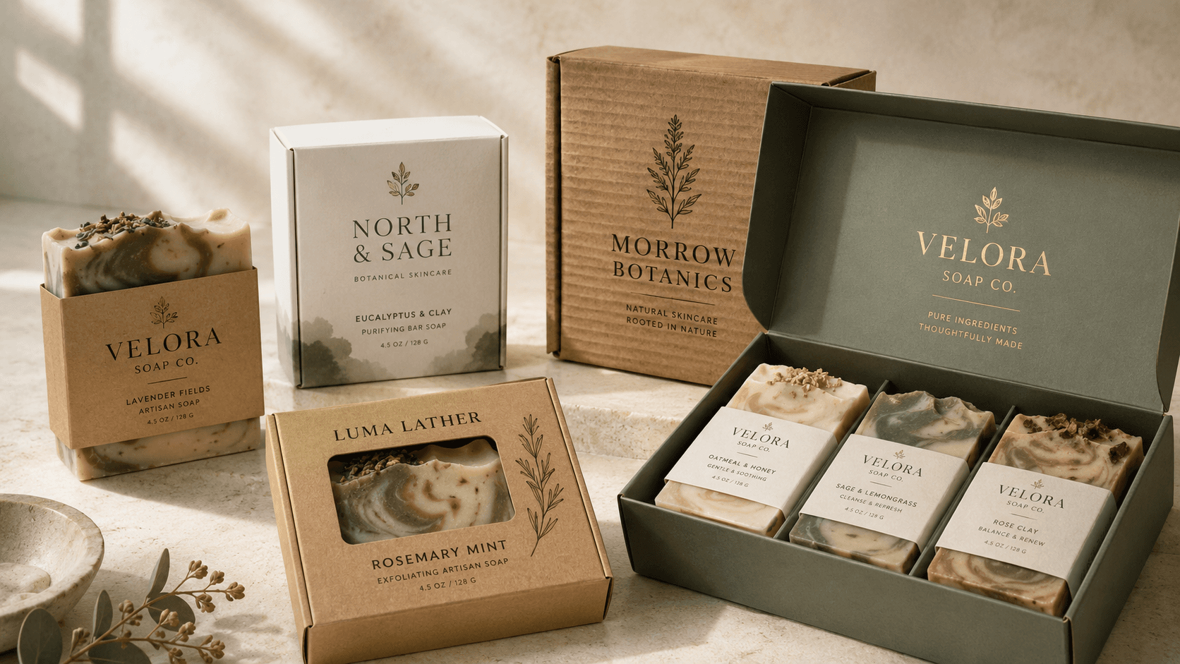 Premium soap packaging styles including sleeves, cartons, mailer boxes and rigid gift boxes