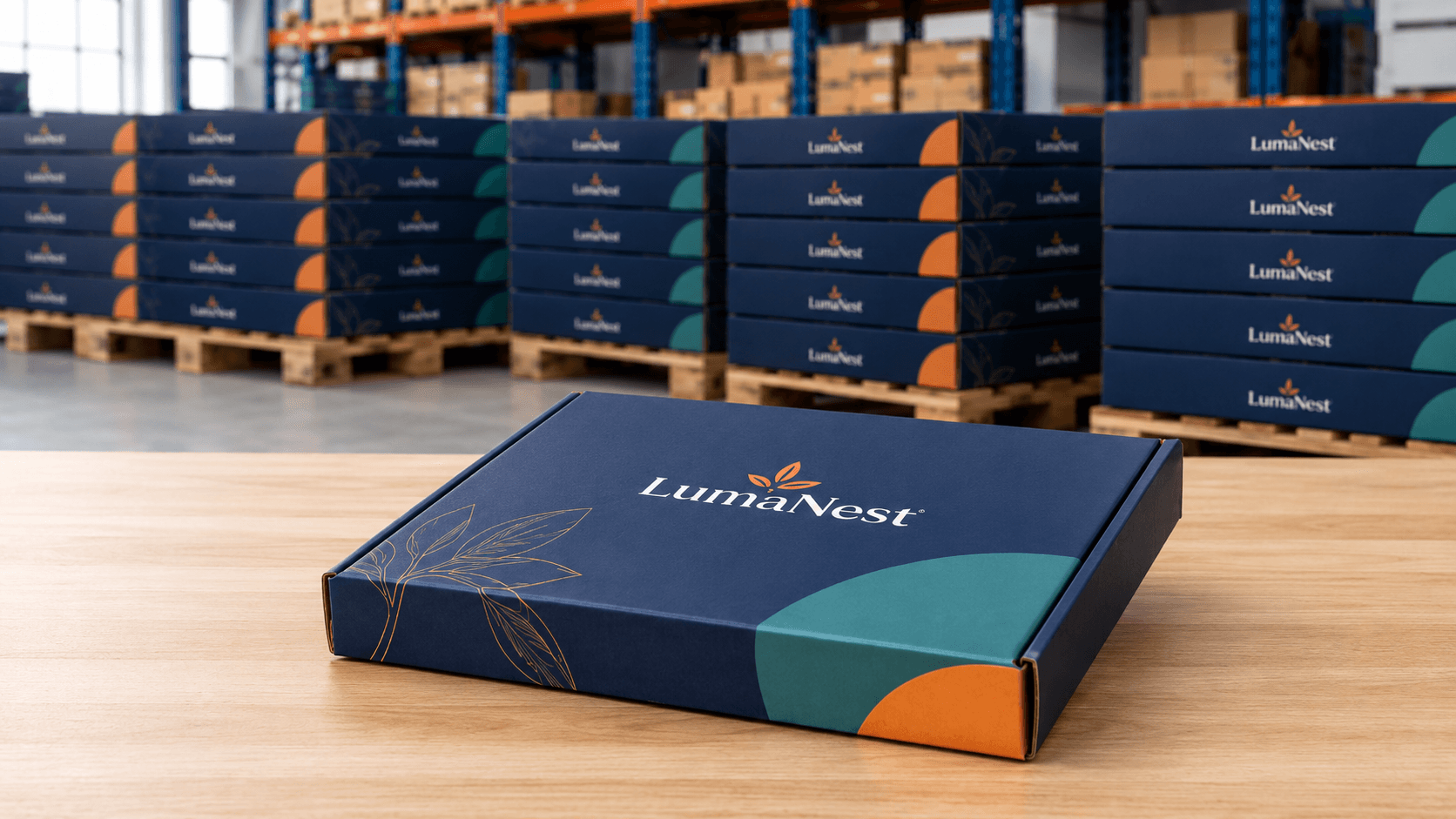 Branded low-profile mailer boxes stacked on pallets in a clean warehouse for large e-commerce packaging orders and recurring delivery.