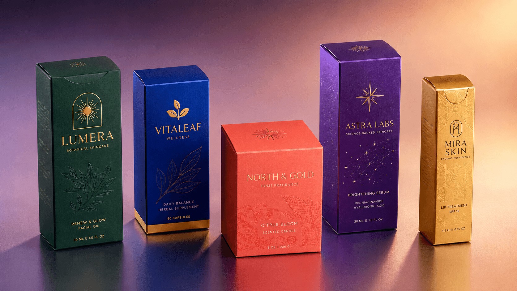 Vibrant custom tuck boxes with foil, spot UV and colorful printed branding arranged on a premium studio background.