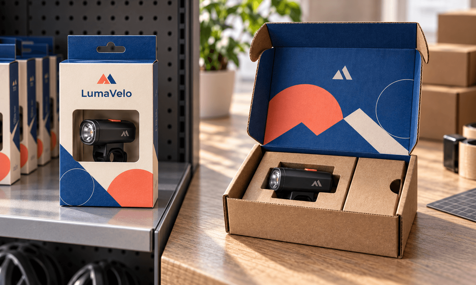 Retail folding carton and ecommerce mailer for the same bike light, staged for store shelf and parcel delivery.