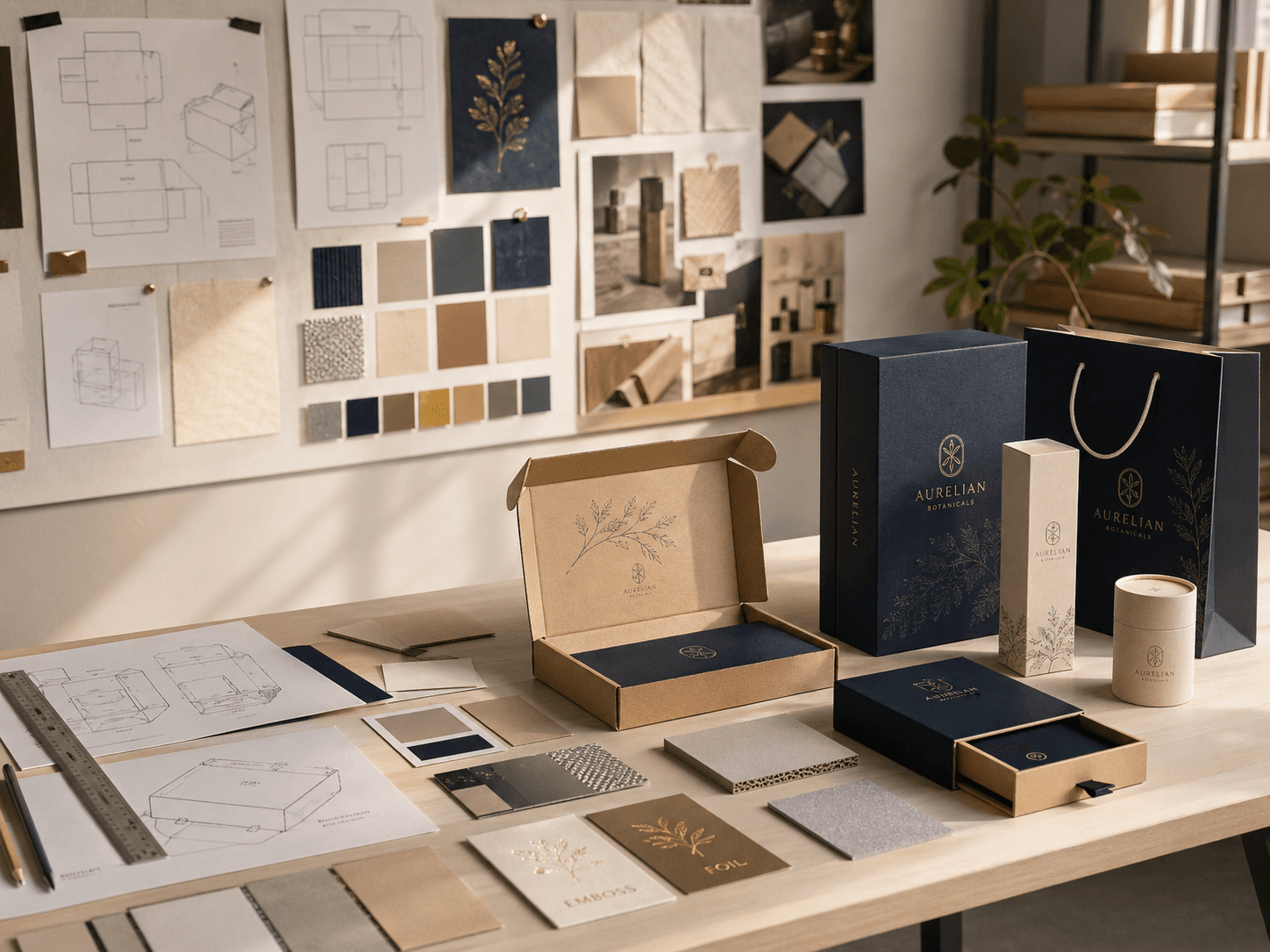 Premium packaging studio scene representing Custom Packly experience, materials, structure and refined product presentation.