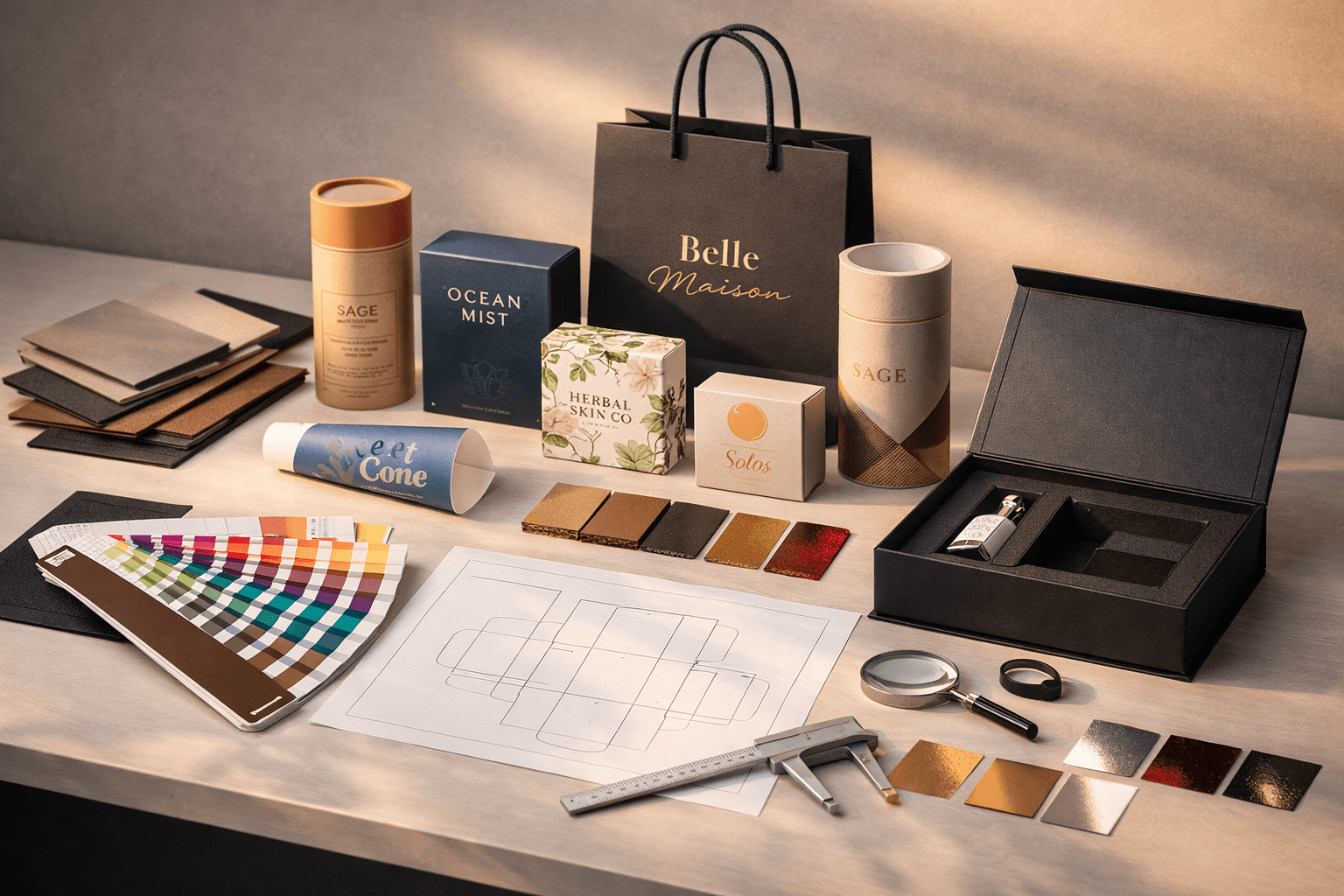 Luxury packaging design workspace with material swatches, dieline sheet, Pantone guide, paper bag, cone sleeve, tube packaging and open box with insert in a premium studio setup
