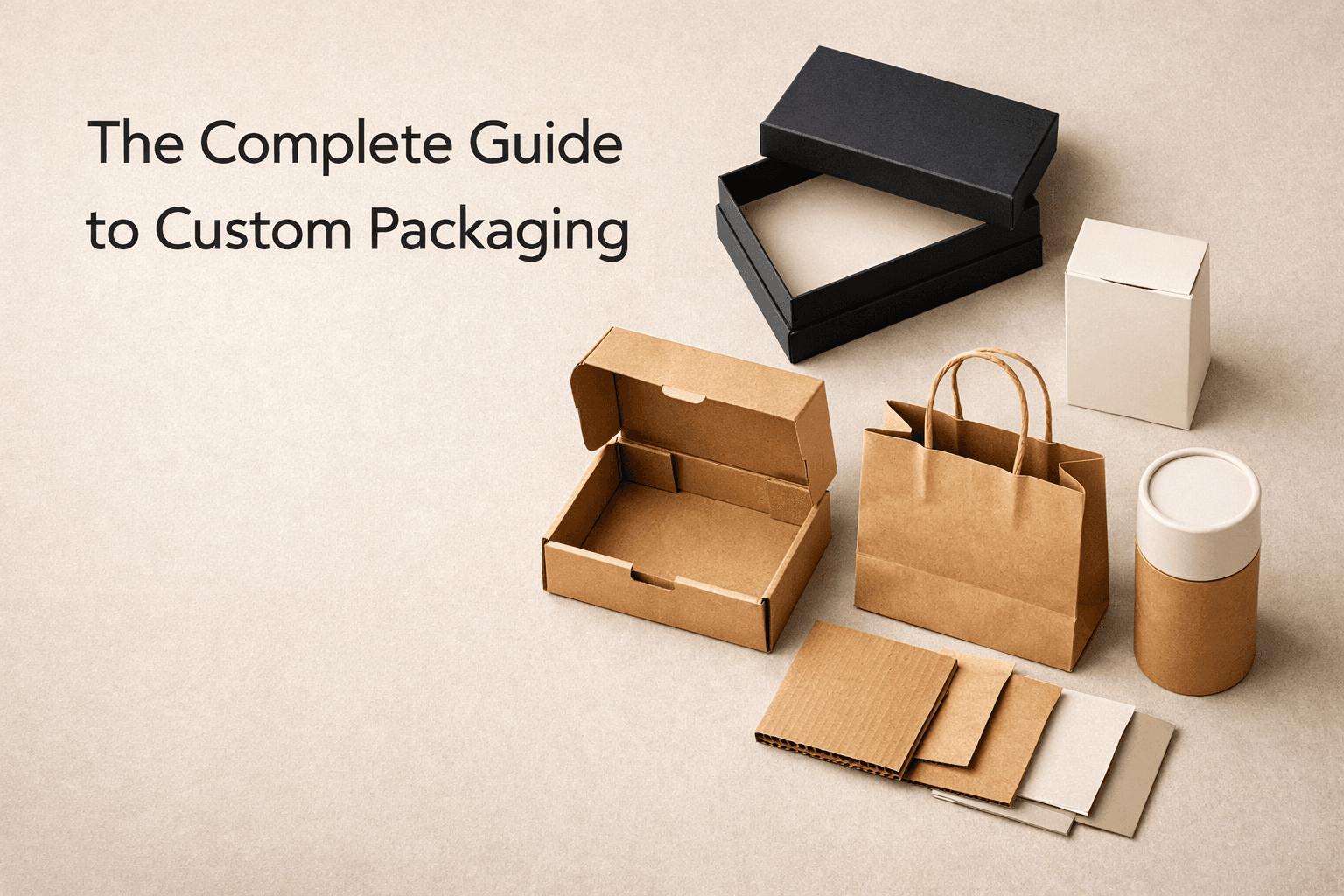 A studio flat lay showing multiple custom packaging types with material samples including rigid boxes, mailer boxes, folding cartons, paper bags and tube packaging.