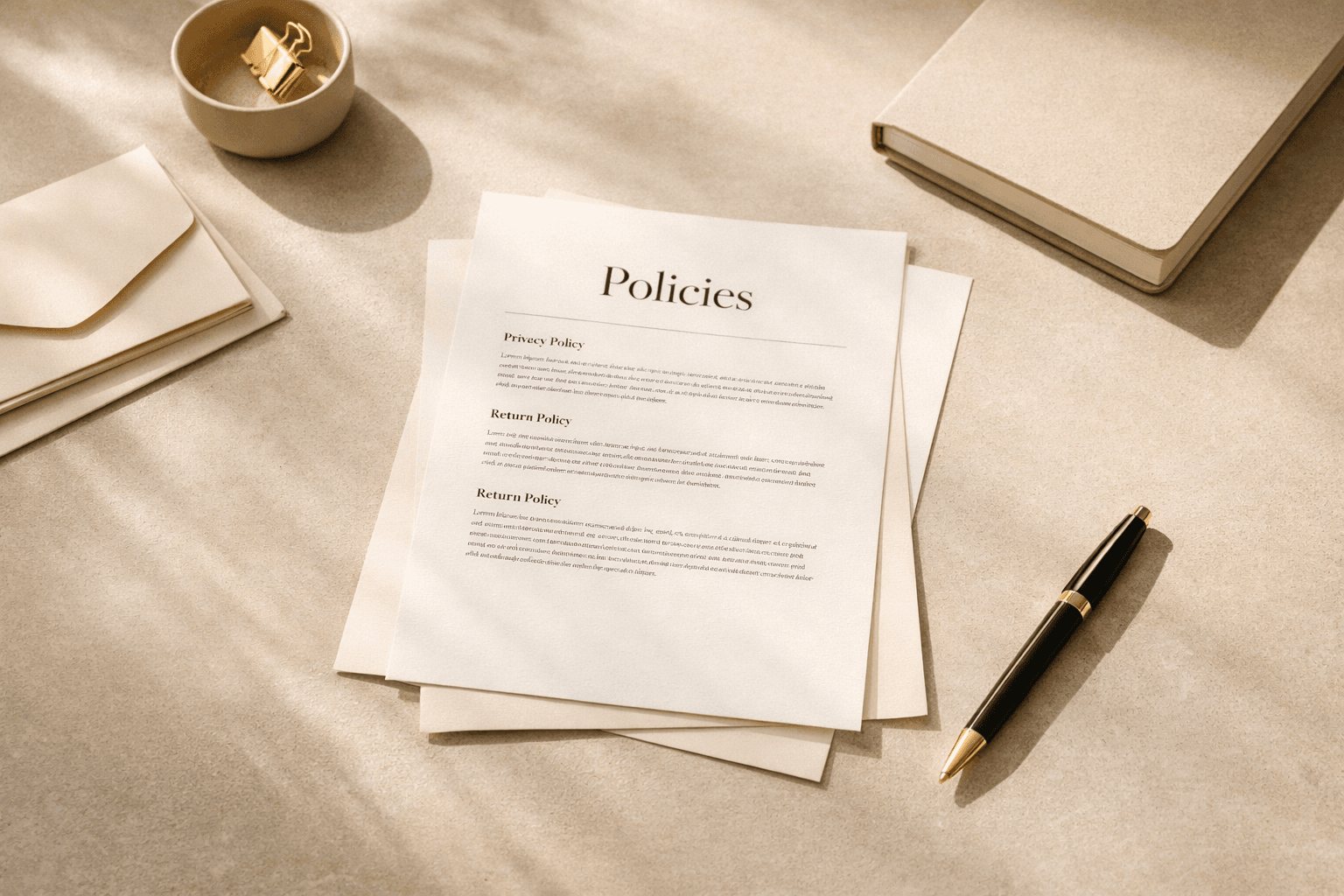 Policies page hero with printed policy documents and stationery on a clean desk