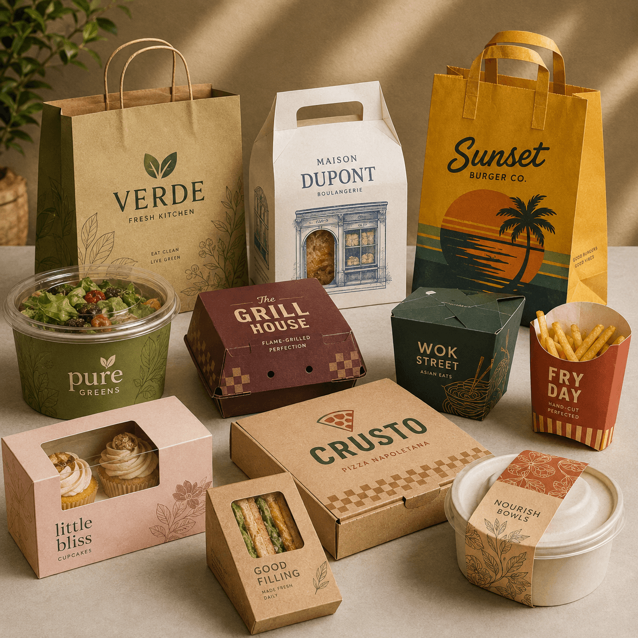 Custom food packaging for bakeries and restaurants, featuring colorful branded boxes, bags, and takeaway containers.