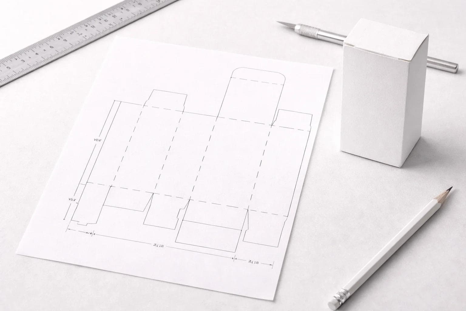 Top-down packaging dieline sheet with cut lines fold lines and panel layout