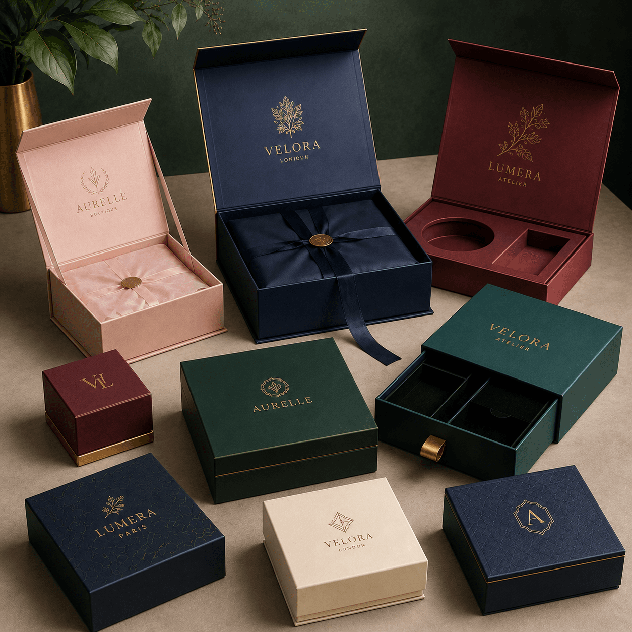 Luxury custom rigid boxes with gold foil branding, embossed textures, premium inserts and colorful gift packaging on a studio tabletop