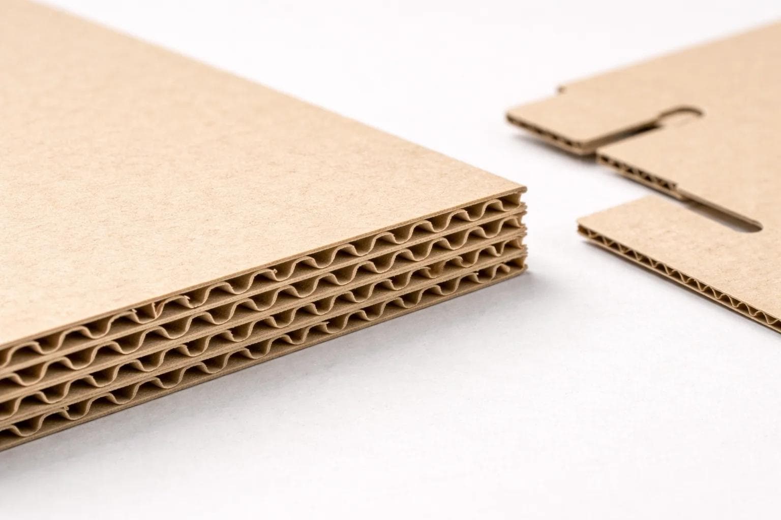 Macro cutaway of E-flute corrugated board with fine flute structure