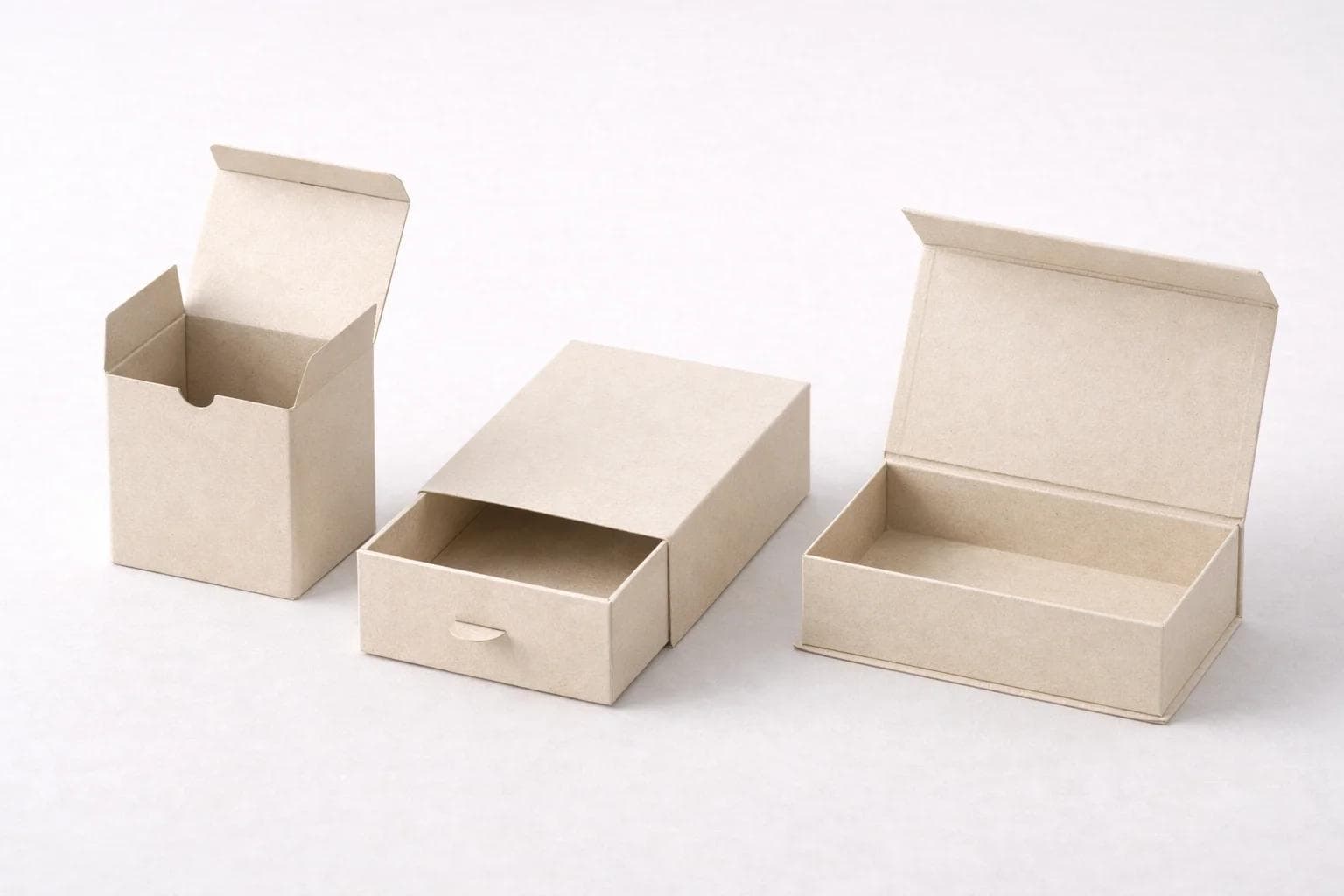 Lineup of packaging structures showing tuck flap drawer and magnetic closure styles