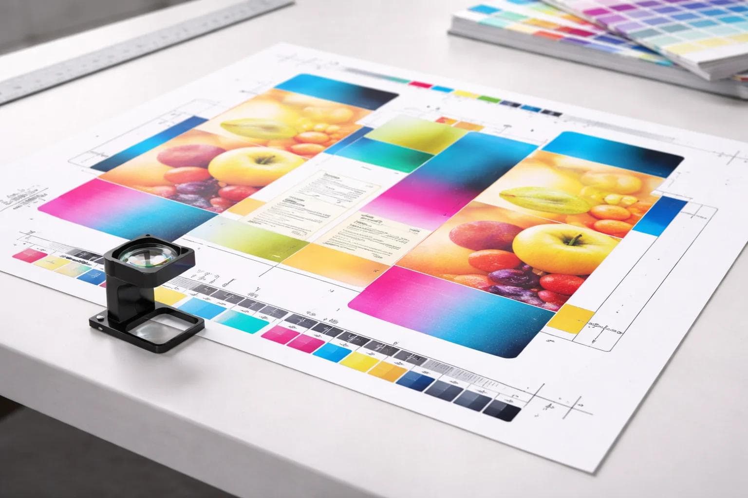 Packaging proof sheet showing CMYK process color output with print bars and gradients