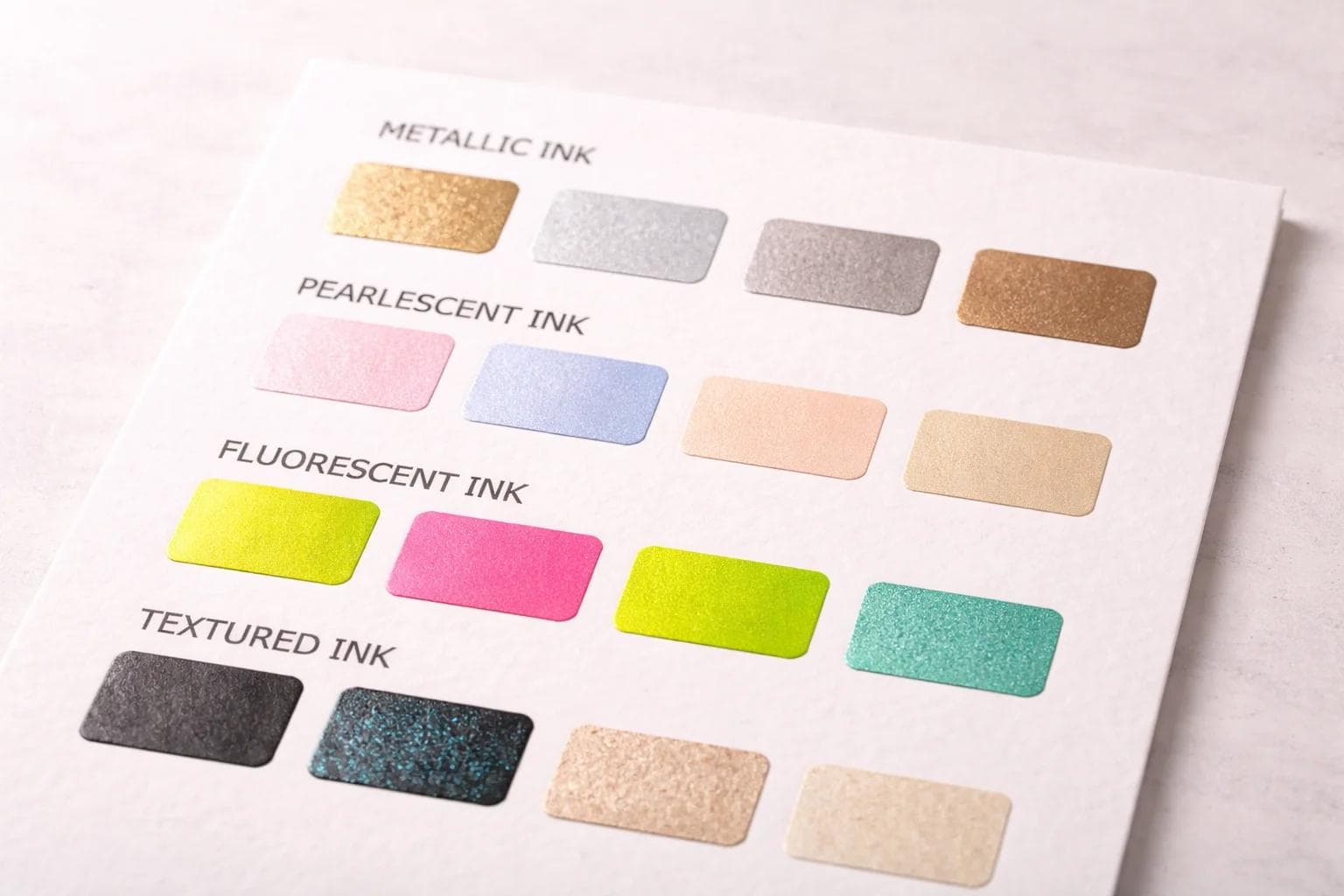 Sample board showing metallic pearlescent fluorescent and textured ink effects on packaging stock