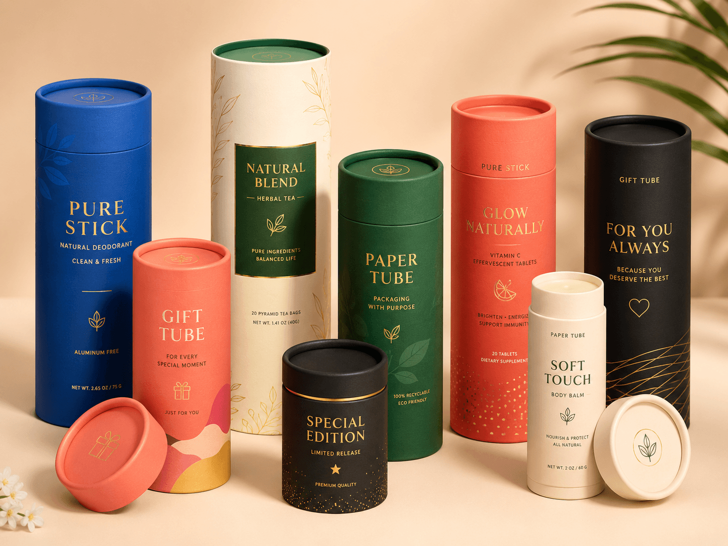 Colorful paper tube packaging with fictional branding for cosmetics, gifts and specialty products