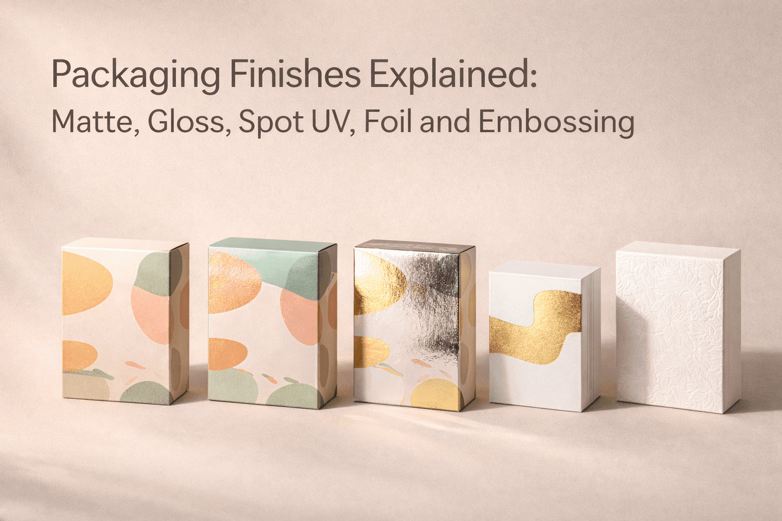 Premium packaging samples showing different surface finishes including matte gloss spot UV foil stamping and embossed details on a studio table.