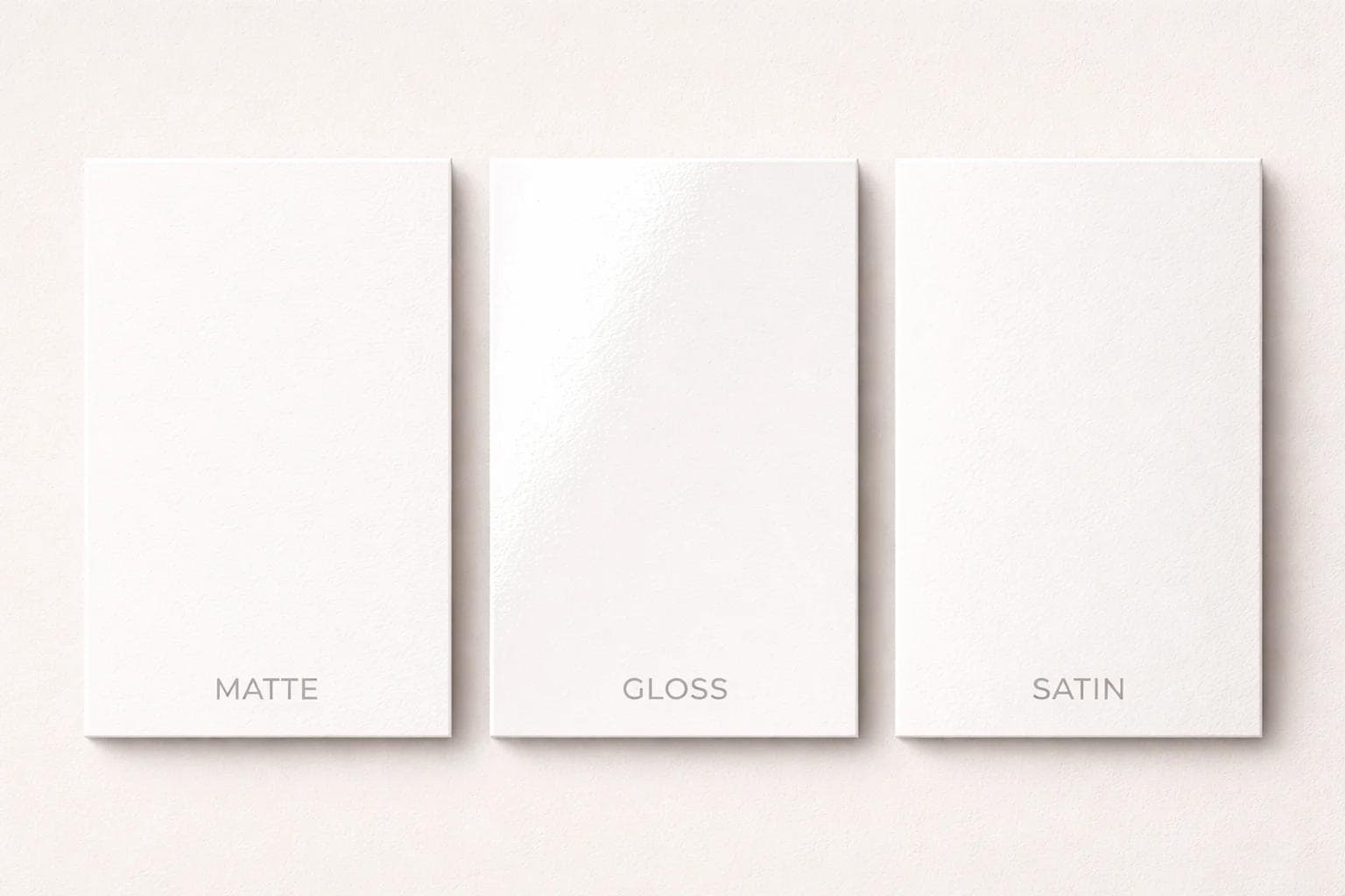Three matching packaging samples comparing matte gloss and satin finishes