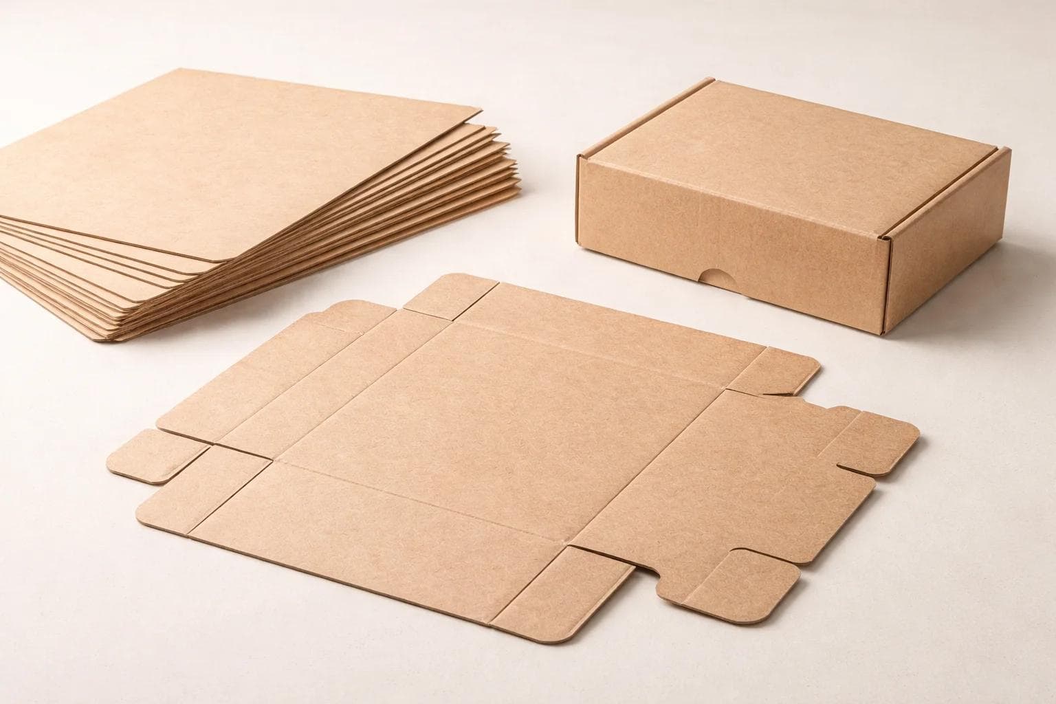 Kraft paperboard sheets with a kraft mailer and carton blank on a neutral studio background