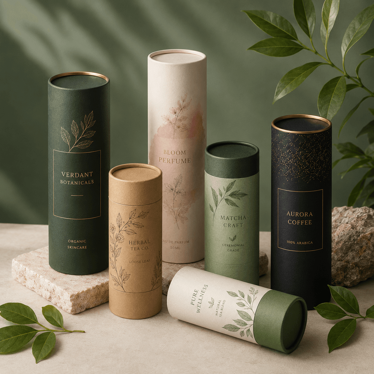 Premium custom tube packaging in kraft, white and dark printed finishes for cosmetics, perfume, tea, coffee and wellness products.