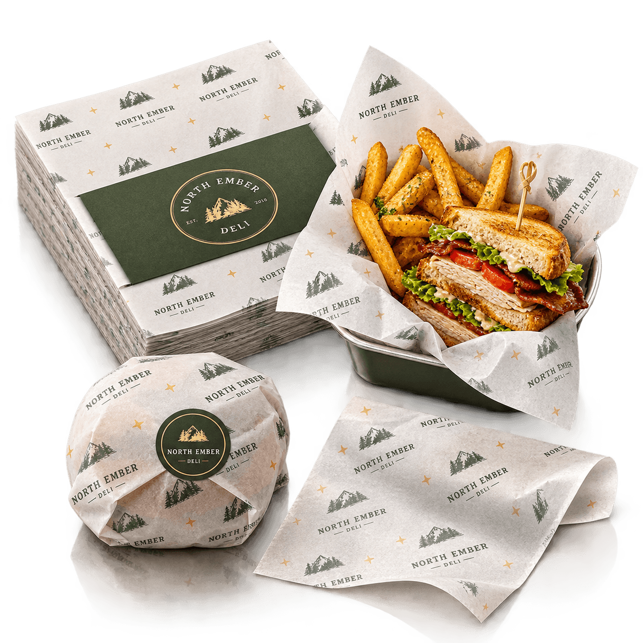 Custom printed wax paper with North Ember Deli branding used for a burger wrap, tray liner and food-service sheets.