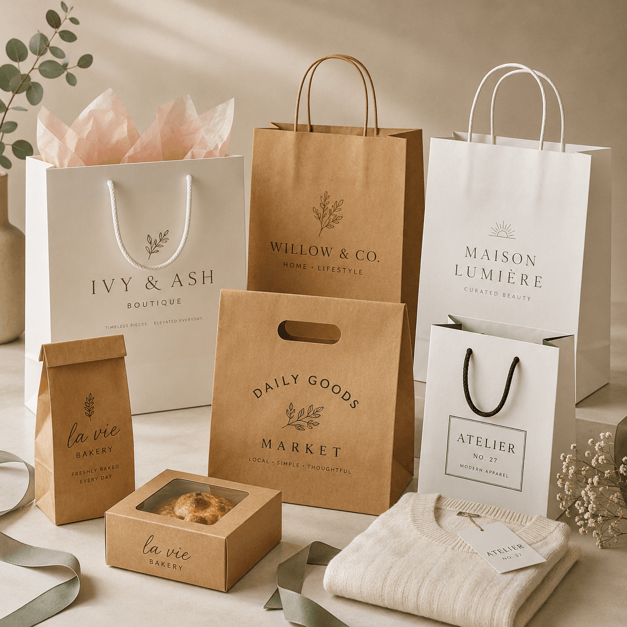 Custom paper bags in kraft and white paper with printed logos, handles and retail bakery packaging in a clean studio display.