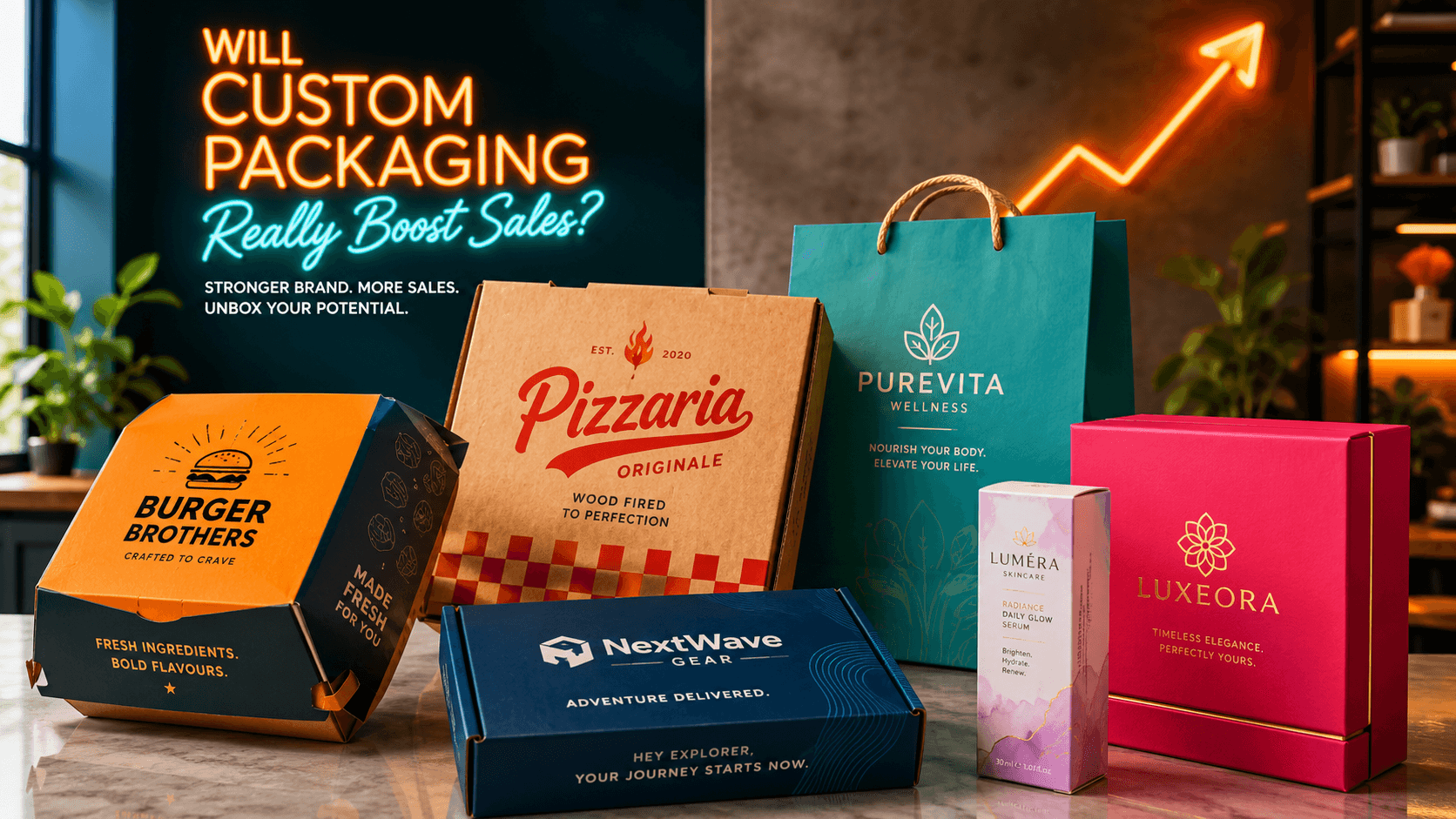 Custom packaging for food, beauty and retail products showing bold branding, vibrant colors and premium presentation that helps increase sales.