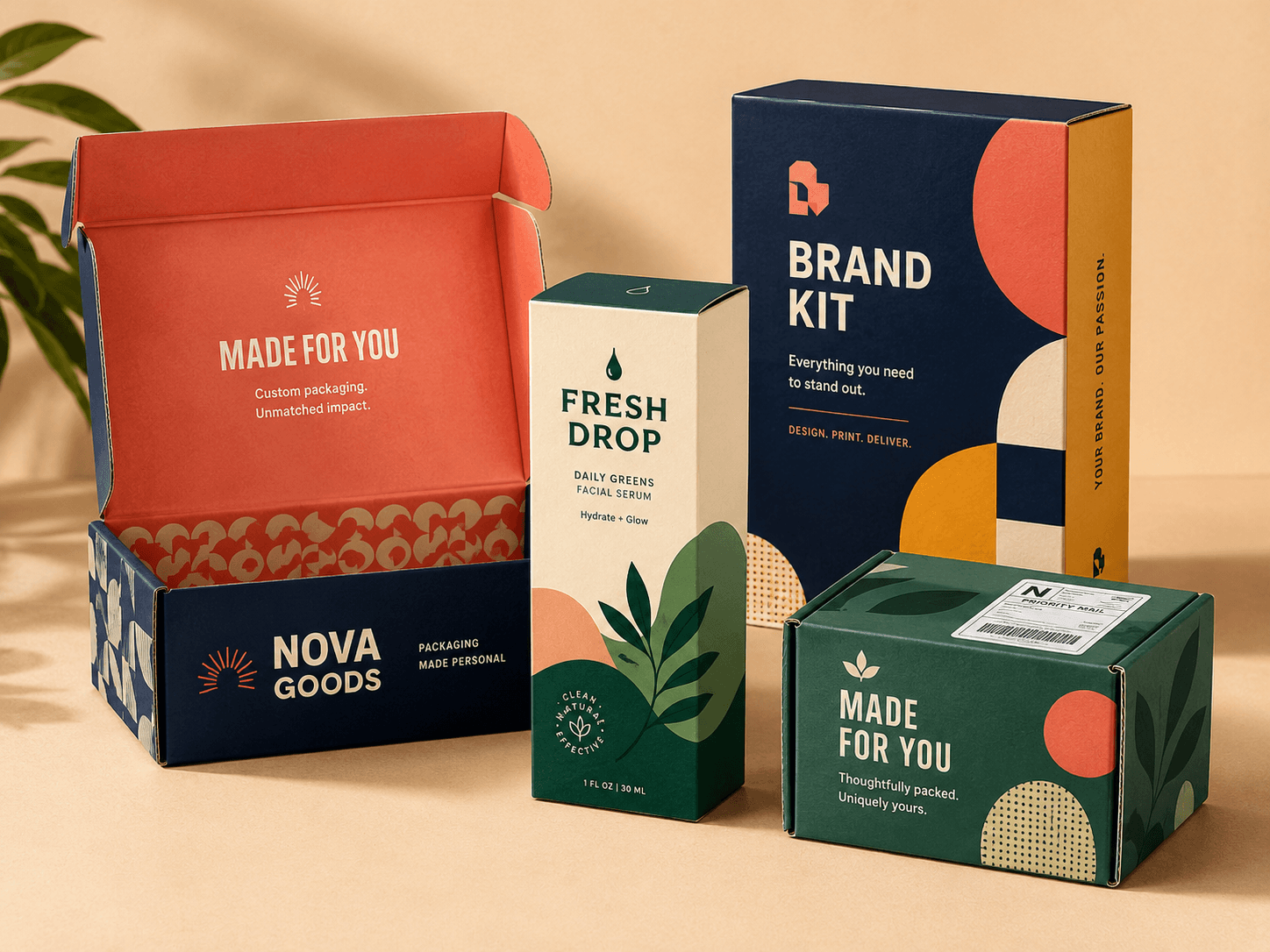 Colorful custom boxes with fictional branding, printed logos and product packaging styles for USA businesses
