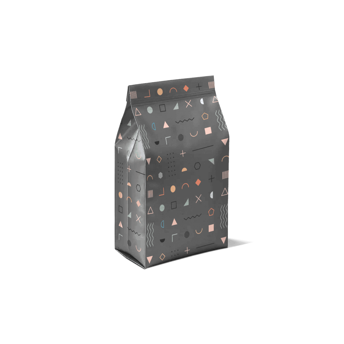 Gusseted Pouches with flexible film structure, compact packing, and clean front-facing graphics space