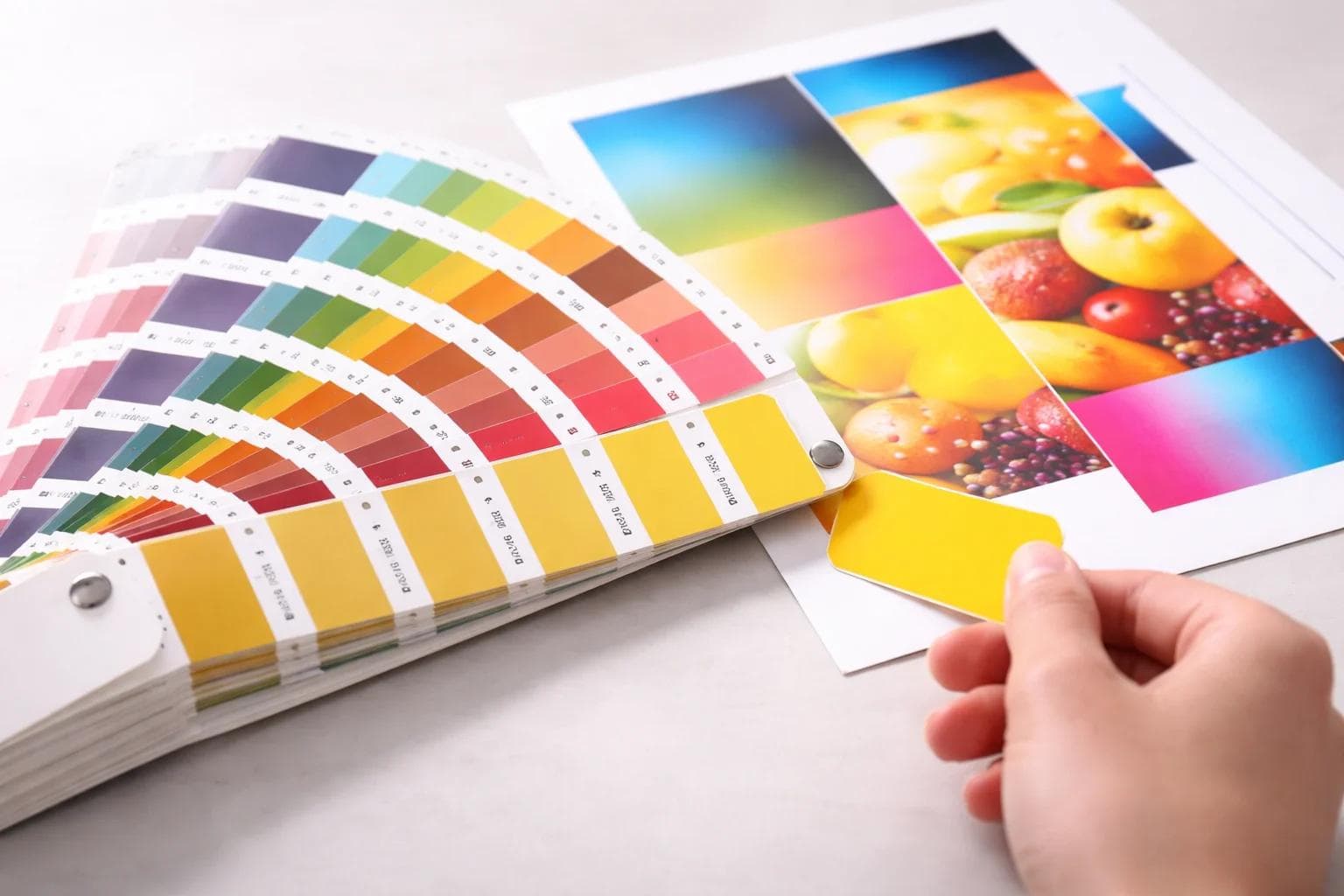 Pantone color swatches matched beside a printed packaging board sample