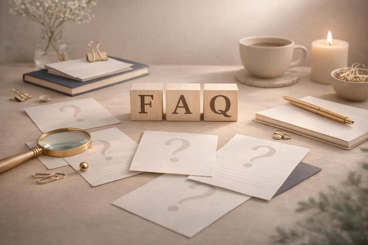 FAQ page hero with wooden FAQ blocks and question cards on a desk