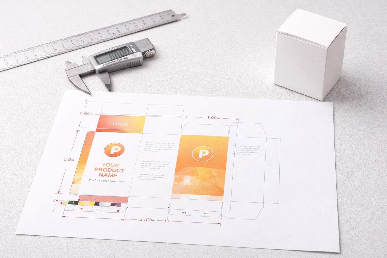 Packaging artwork layout reviewed with ruler caliper and dimension notes