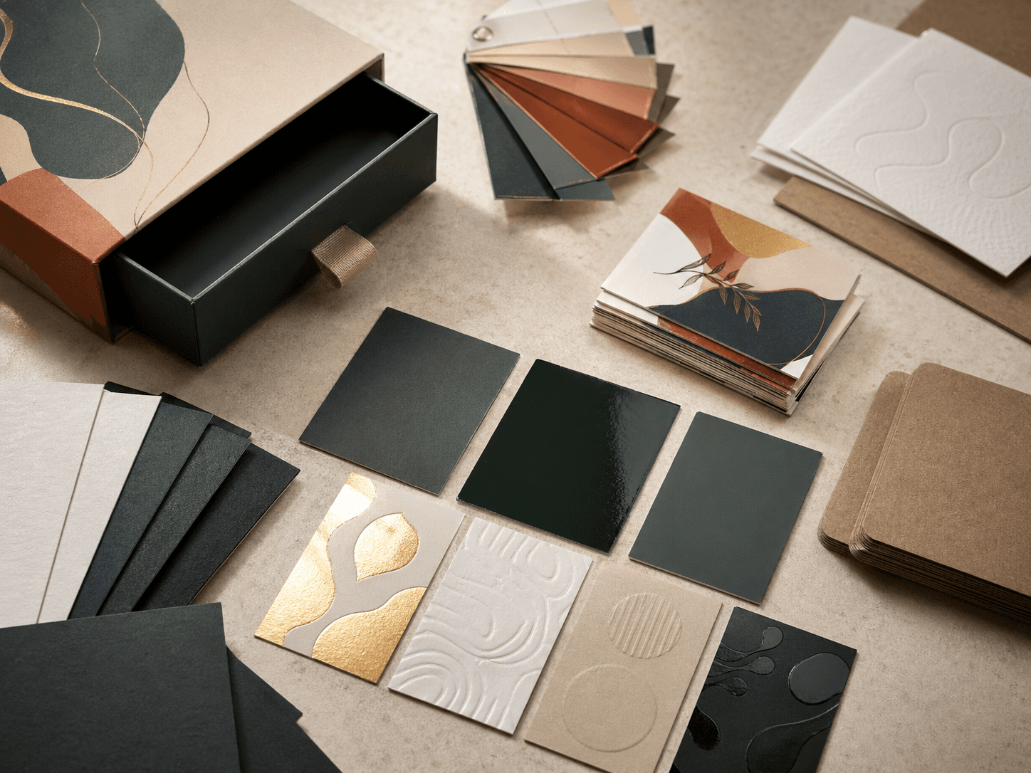 Paper stocks, printing references and finish samples showing material and finish guidance for custom packaging.