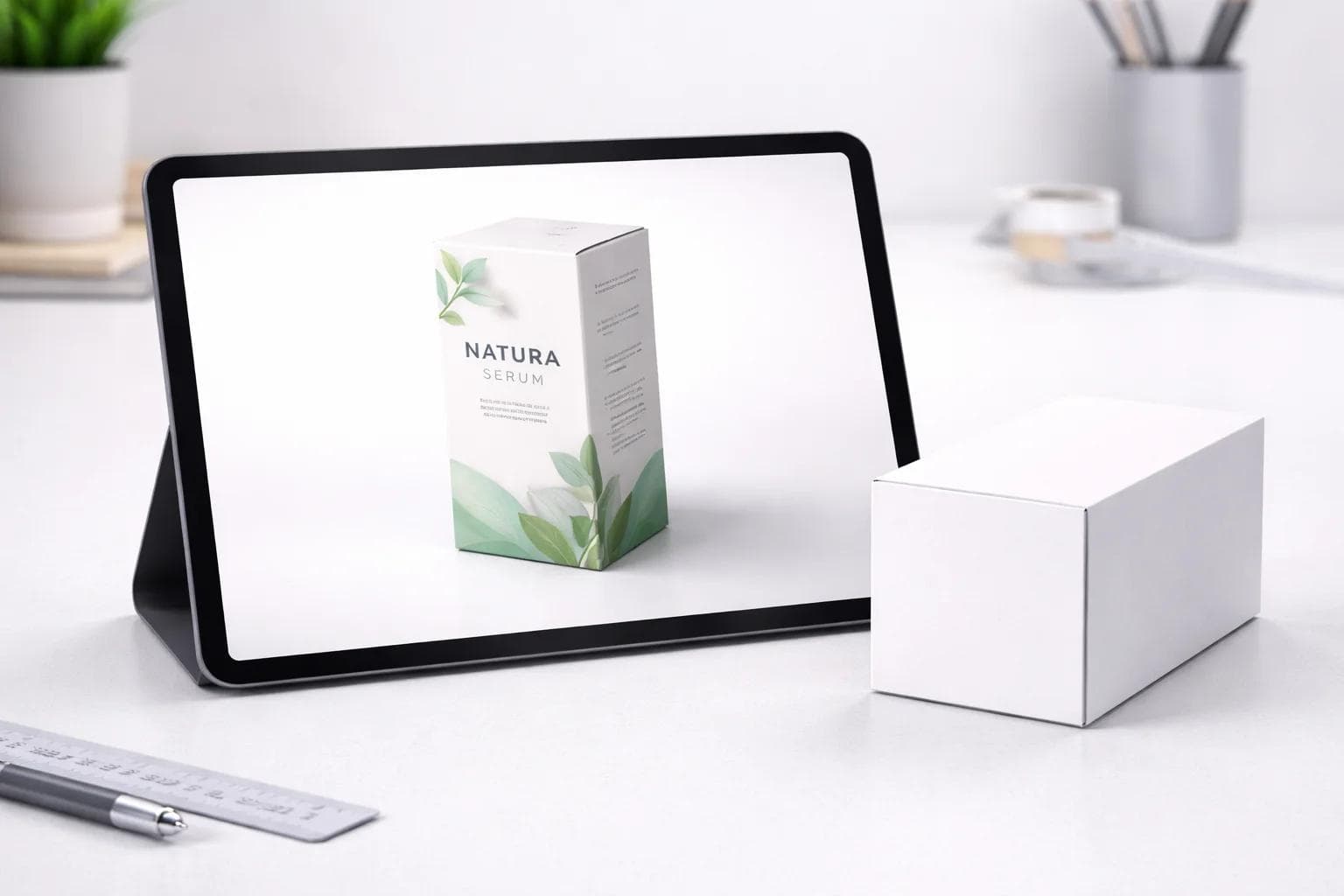 Tablet or monitor showing a 3D packaging mockup beside a plain sample box