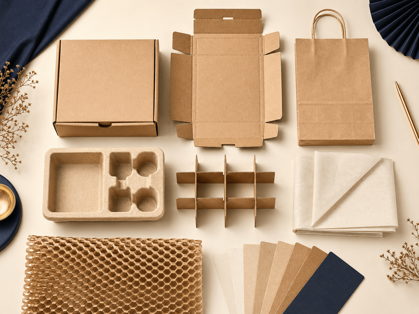 Sustainable paper-based packaging with kraft, recycled board, paper inserts and tissue