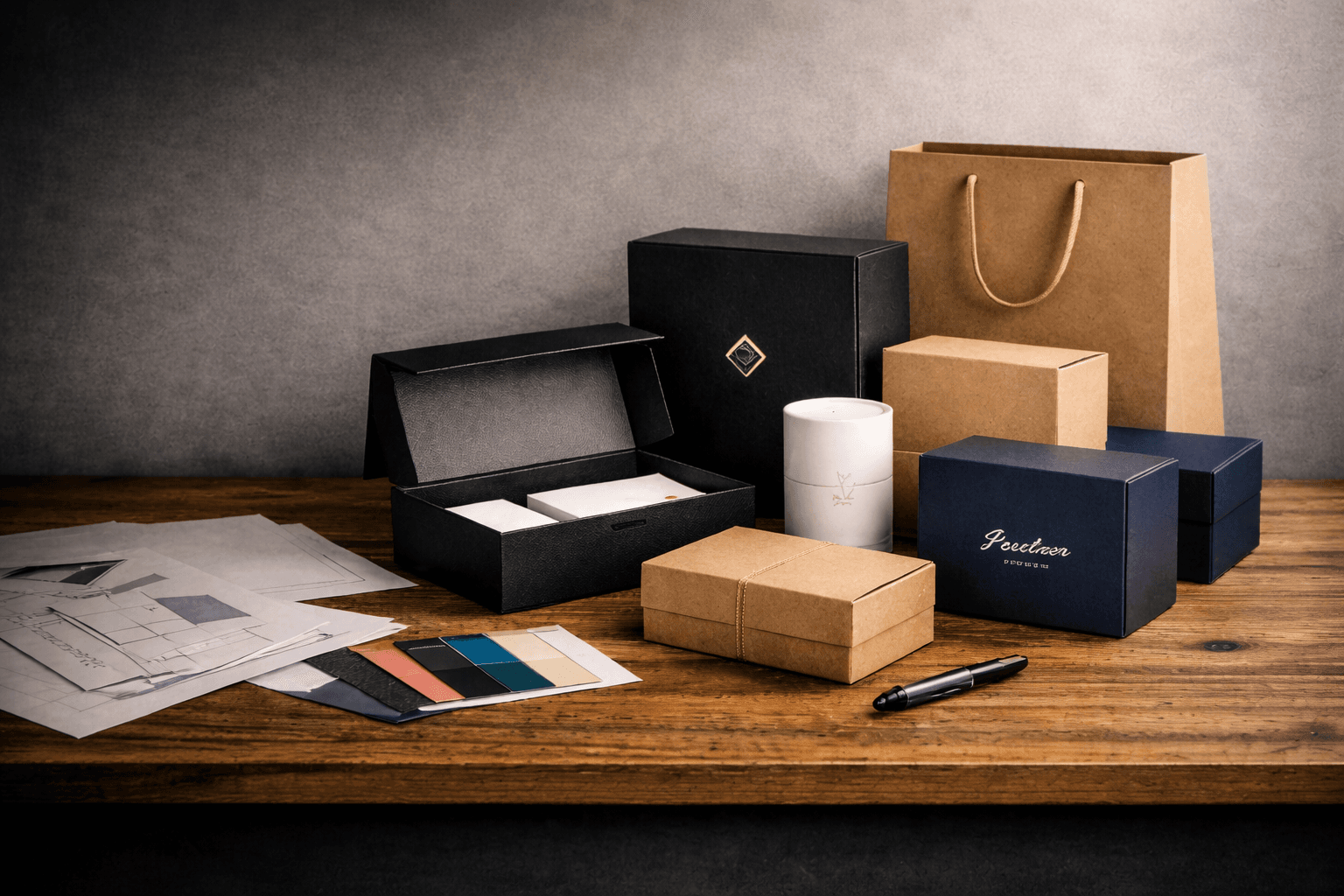 Assorted packaging styles including rigid boxes, folding cartons, mailer boxes, shipping boxes, display boxes, paper bags, tubes and pouches arranged as a category overview.