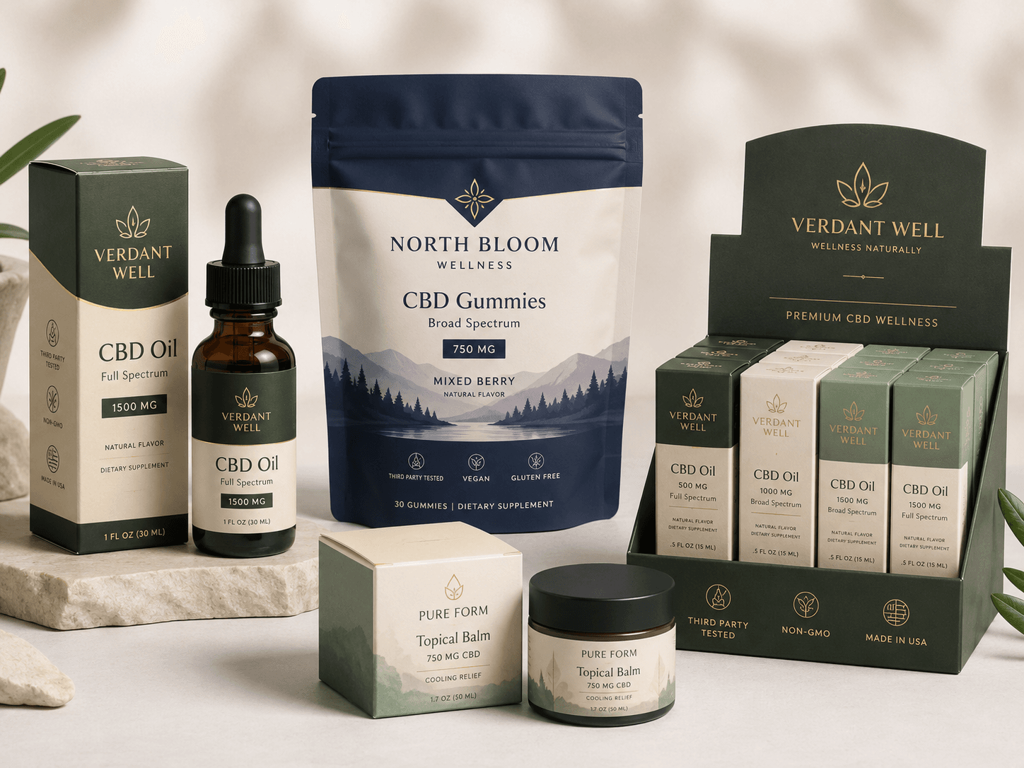 Custom CBD packaging display showing CBD oil boxes, a dropper bottle, gummy pouch, topical balm box, balm jar and a retail display box.