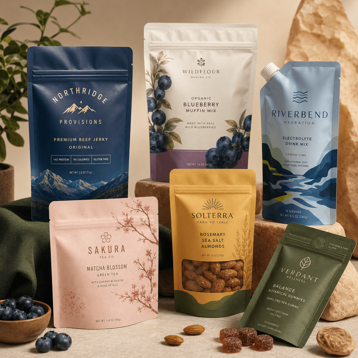 Premium flexible pouches with varied fictional branding, resealable closures, windows, and colorful retail designs.