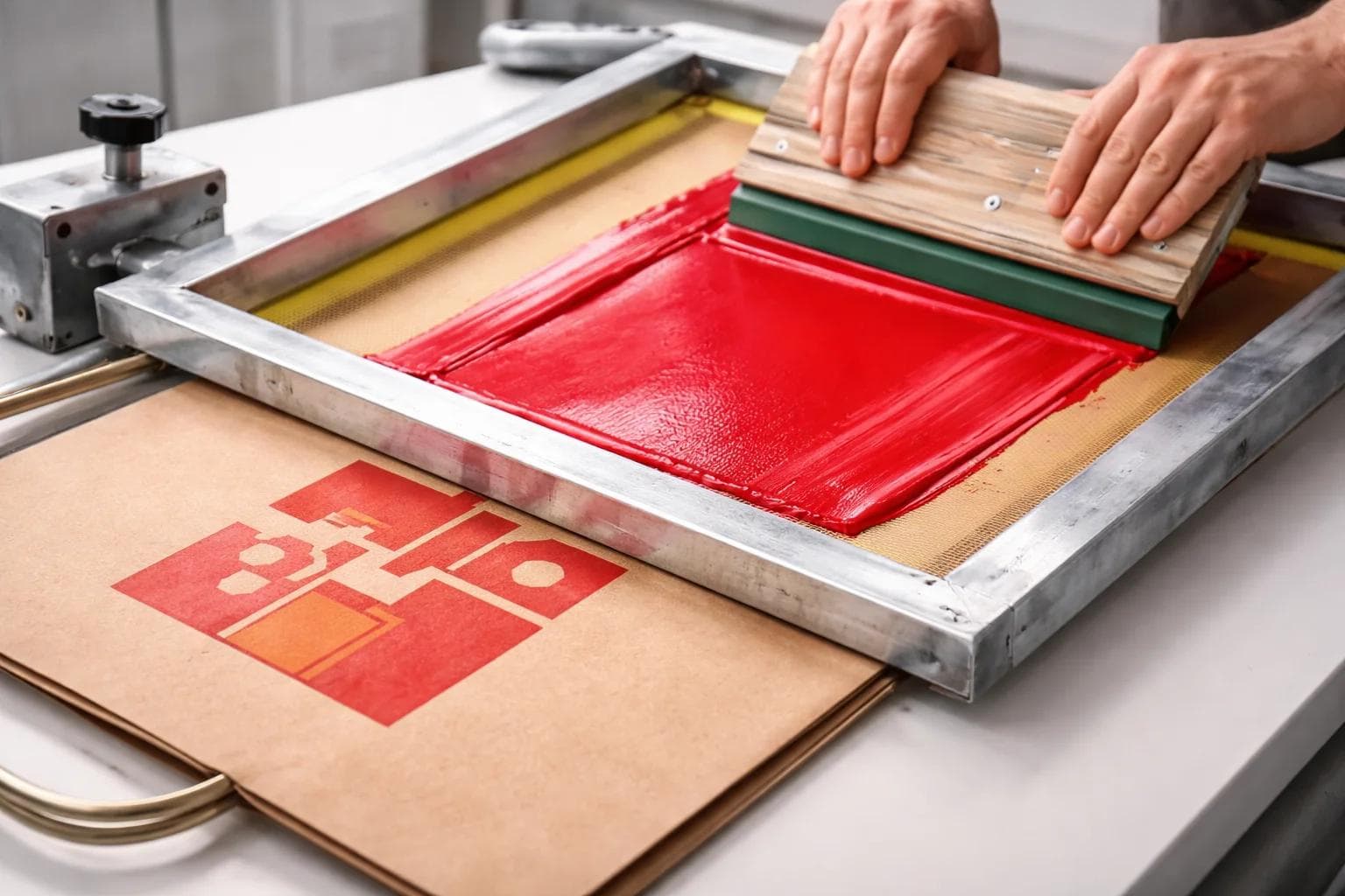 Screen printing setup applying ink to a flat packaging substrate with mesh and squeegee