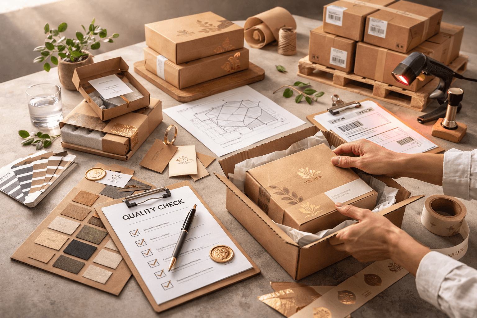 Professional packaging production workspace showing quality control, organized box assembly and consistent finishing for custom packaging orders