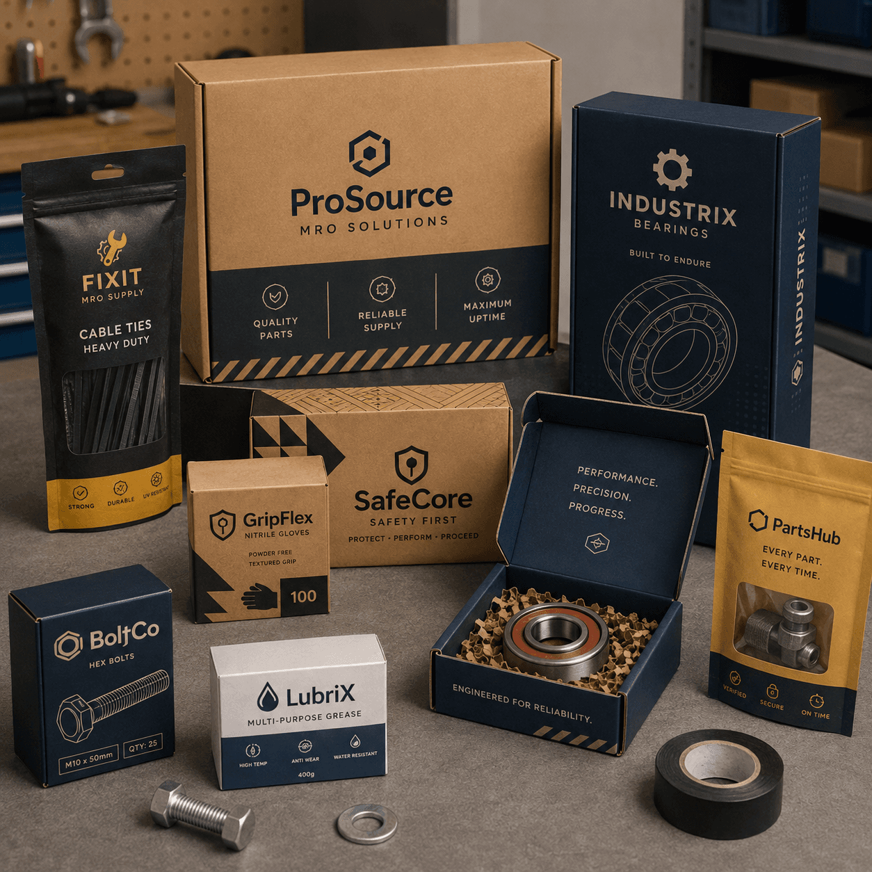 Custom MRO packaging for industrial parts, featuring branded boxes, mailers, hardware components, and protective packing.