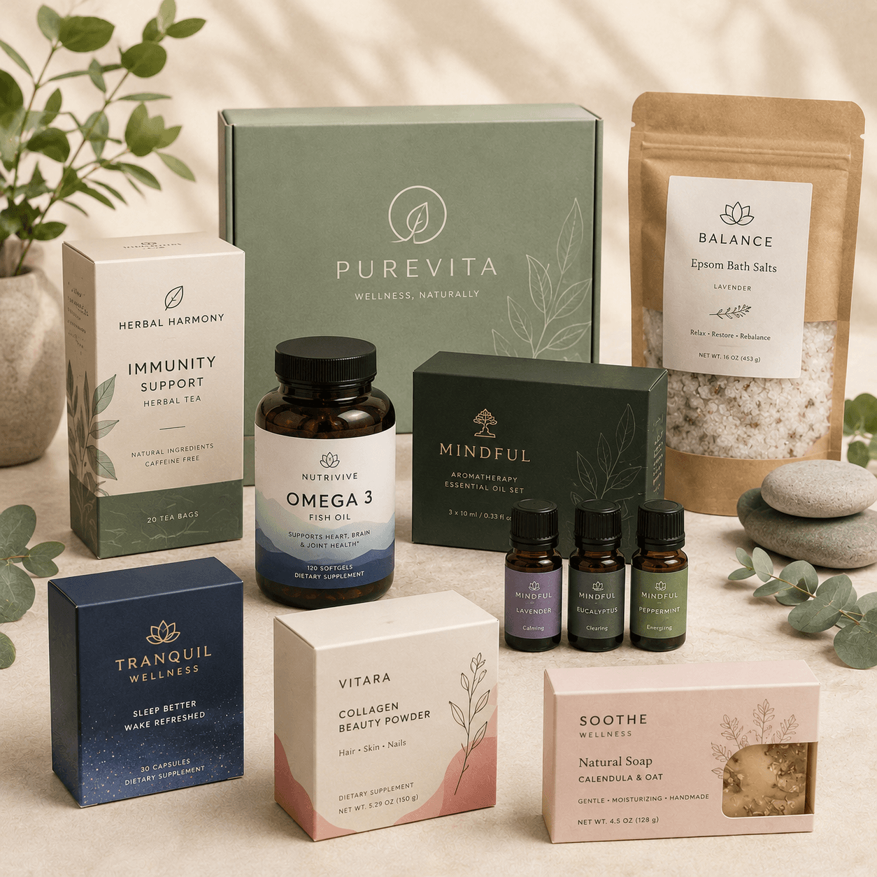 Premium wellness packaging with fictional branding across supplement boxes, pouches, oils, candles, and self-care products.
